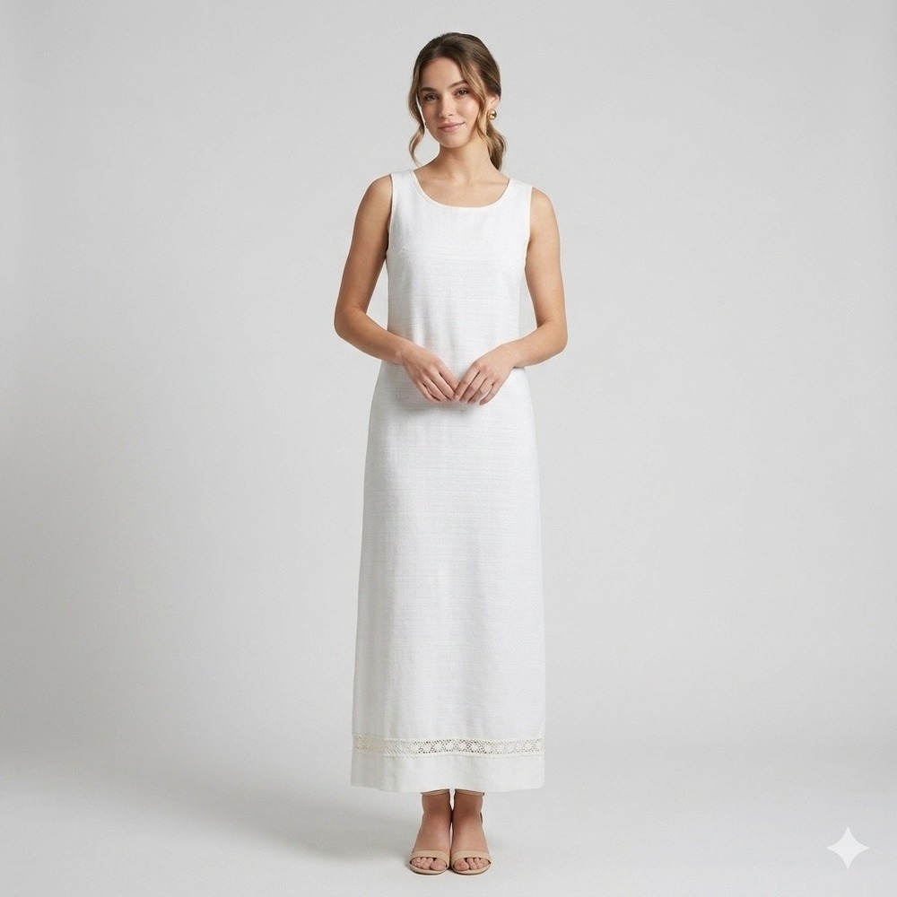 Giorgio Sant'Angelo Maxi Dress Womens 10 White Lace Hem Coastal‎ Minimalist